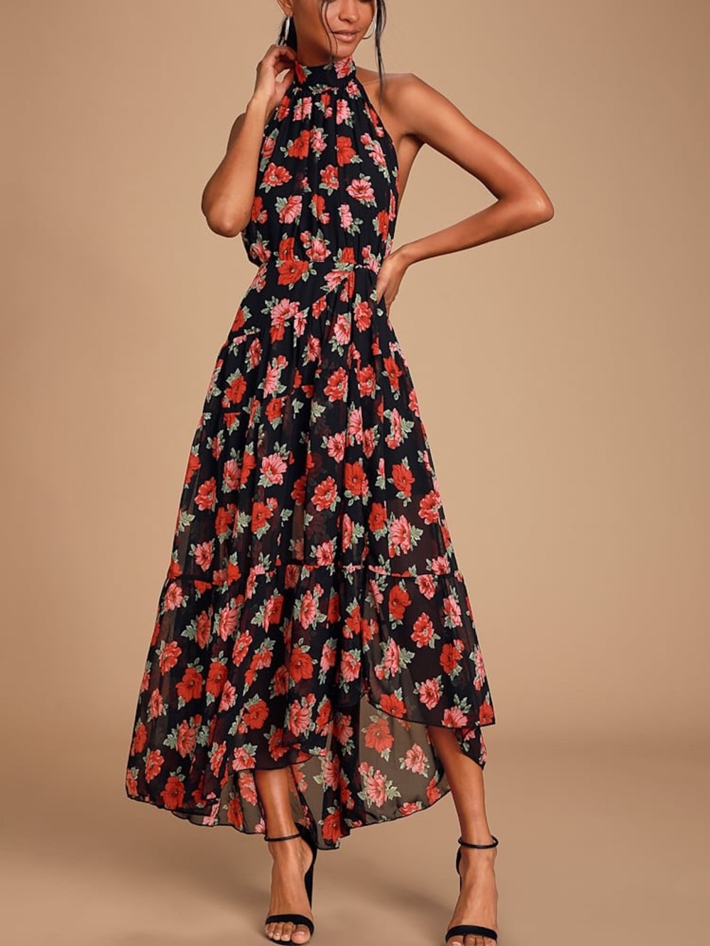 Lulus Jane Anne Black Floral Print Halter Maxi Dress Sz Large Black Red